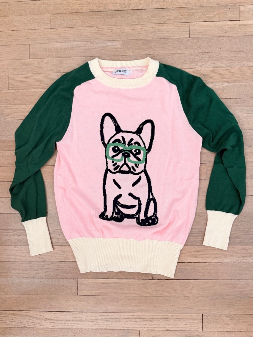 Oxknit Pink & Green French Bulldog Sweater with Cream Trim